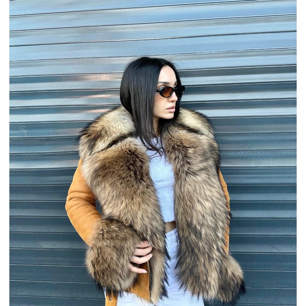 Brown Lamb‎ Leather Coat Real Raccoon Fur Collar Cuffs Shearling Lined Jacket
